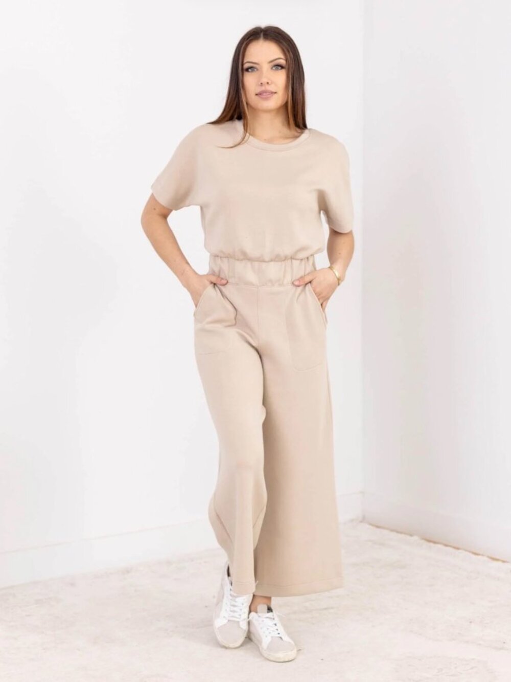 SPANX AirEssentials Cropped Wide Leg Jumpsuit Short Sleeve Size L